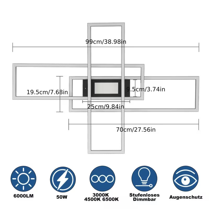Dimmbare LED-Deckenleuchte, geeignet für Wohnzimmer – Wohnzimmerlampe, mit Fernbedienung, modernes Design, Dreirahmen-Schlafzimmerlampe, mit Memory-Funktion, geeignet für Schlafzimmer Küche