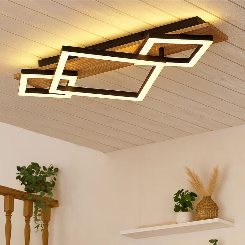 LED Designleuchte Holz Deckenlampe schwarz opal Wohnzimmerleuchte, Metall, 24W 1000Lm warmweiß, LxBxH 54x31,2x7,5 cm