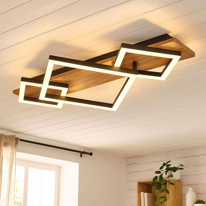 LED Designleuchte Holz Deckenlampe schwarz opal Wohnzimmerleuchte, Metall, 24W 1000Lm warmweiß, LxBxH 54x31,2x7,5 cm